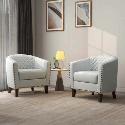 2 chaises d'appoint en cuir végétalien en forme de tonneau, 73,6 cm de large, avec garniture à clous.