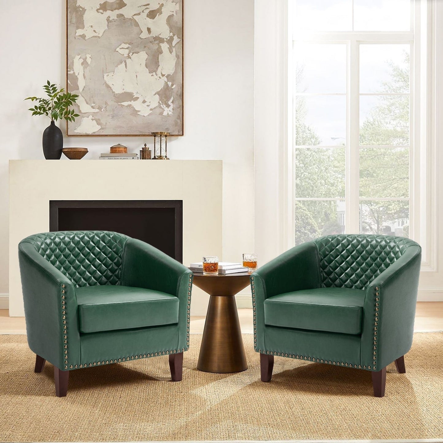 2 chaises d'appoint en cuir végétalien en forme de tonneau, 73,6 cm de large, avec garniture à clous.