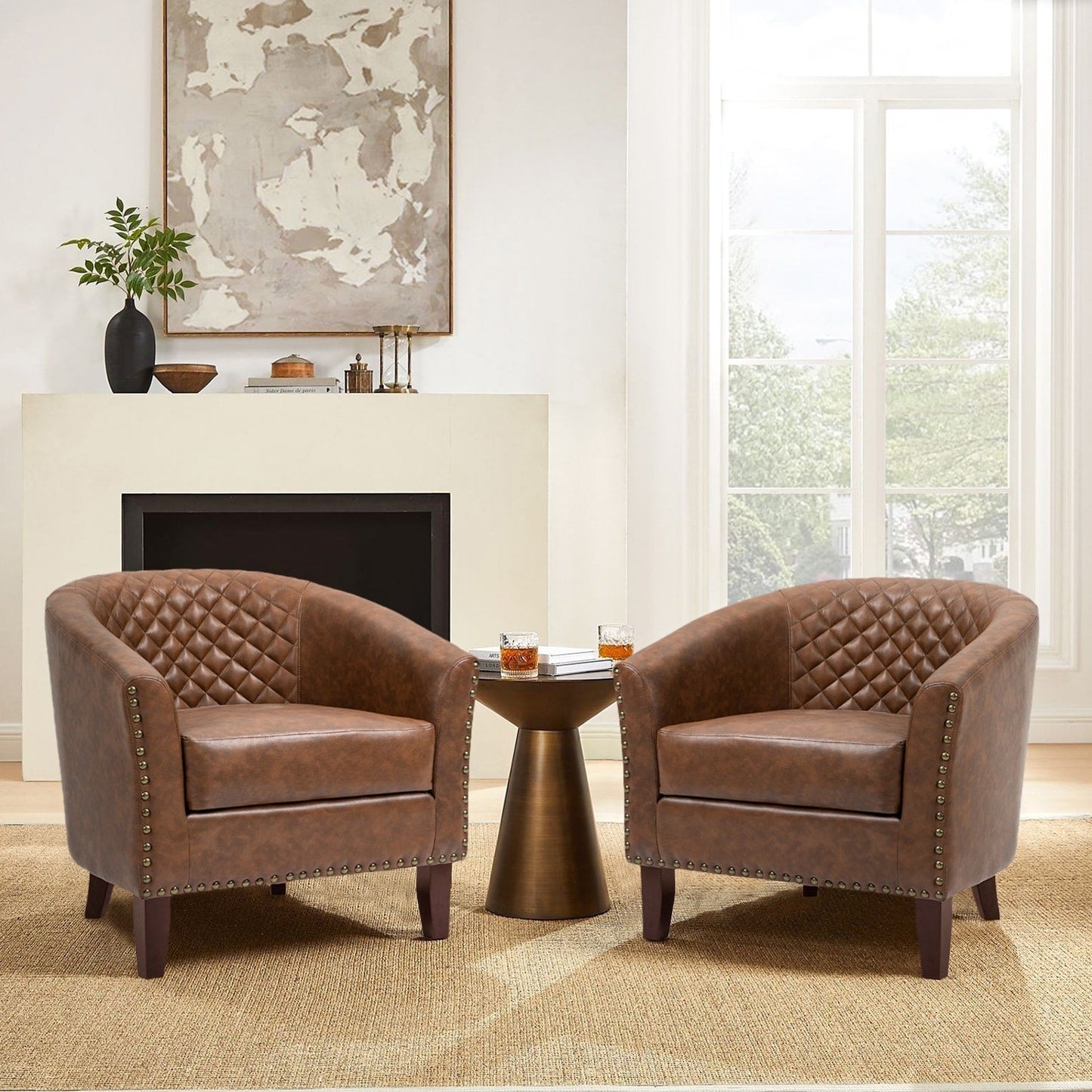 2 chaises d'appoint en cuir végétalien en forme de tonneau, 73,6 cm de large, avec garniture à clous.