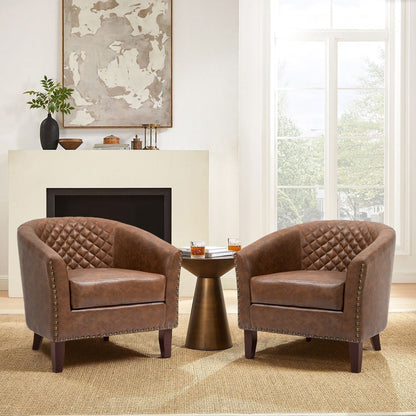 2 chaises d'appoint en cuir végétalien en forme de tonneau, 73,6 cm de large, avec garniture à clous.