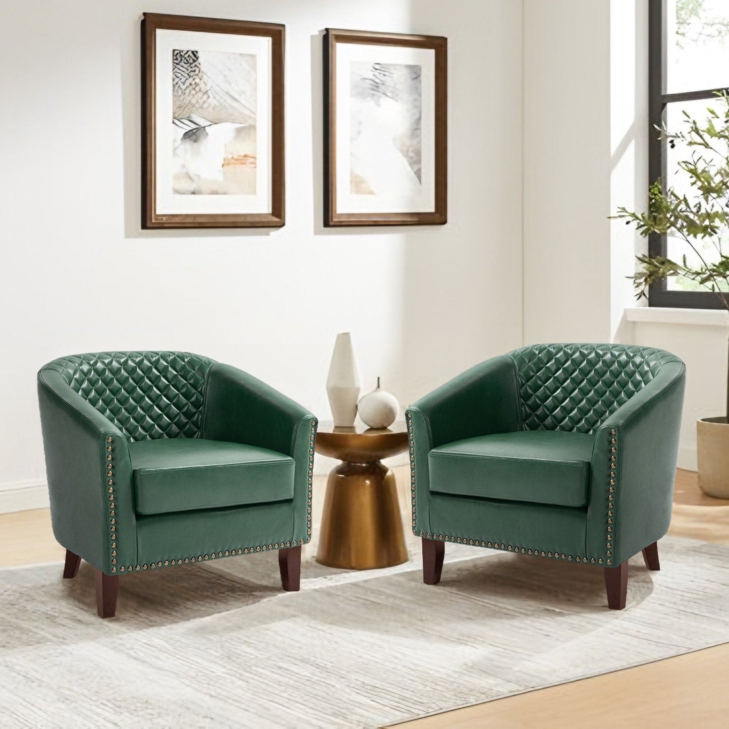 2 chaises d'appoint en cuir végétalien en forme de tonneau, 73,6 cm de large, avec garniture à clous.