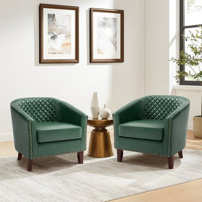 2 chaises d'appoint en cuir végétalien en forme de tonneau, 73,6 cm de large, avec garniture à clous.