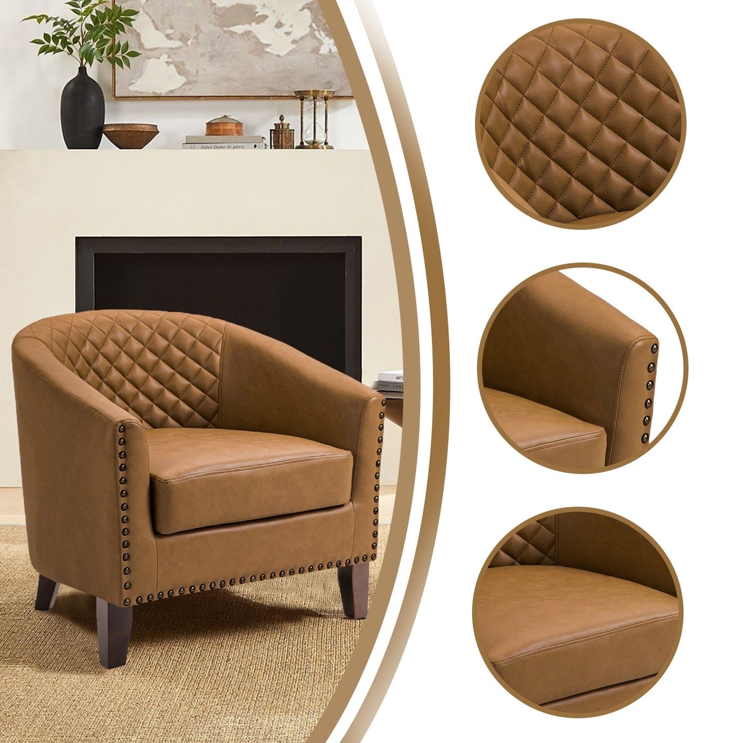 2 chaises d'appoint en cuir végétalien en forme de tonneau, 73,6 cm de large, avec garniture à clous.
