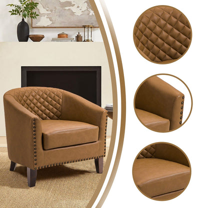 2 chaises d'appoint en cuir végétalien en forme de tonneau, 73,6 cm de large, avec garniture à clous.