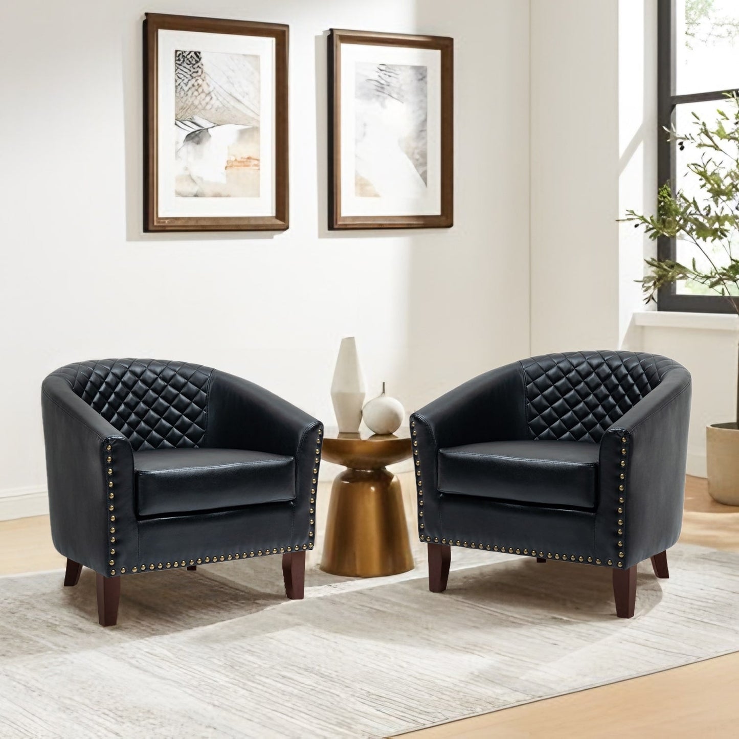 2 chaises d'appoint en cuir végétalien en forme de tonneau, 73,6 cm de large, avec garniture à clous.