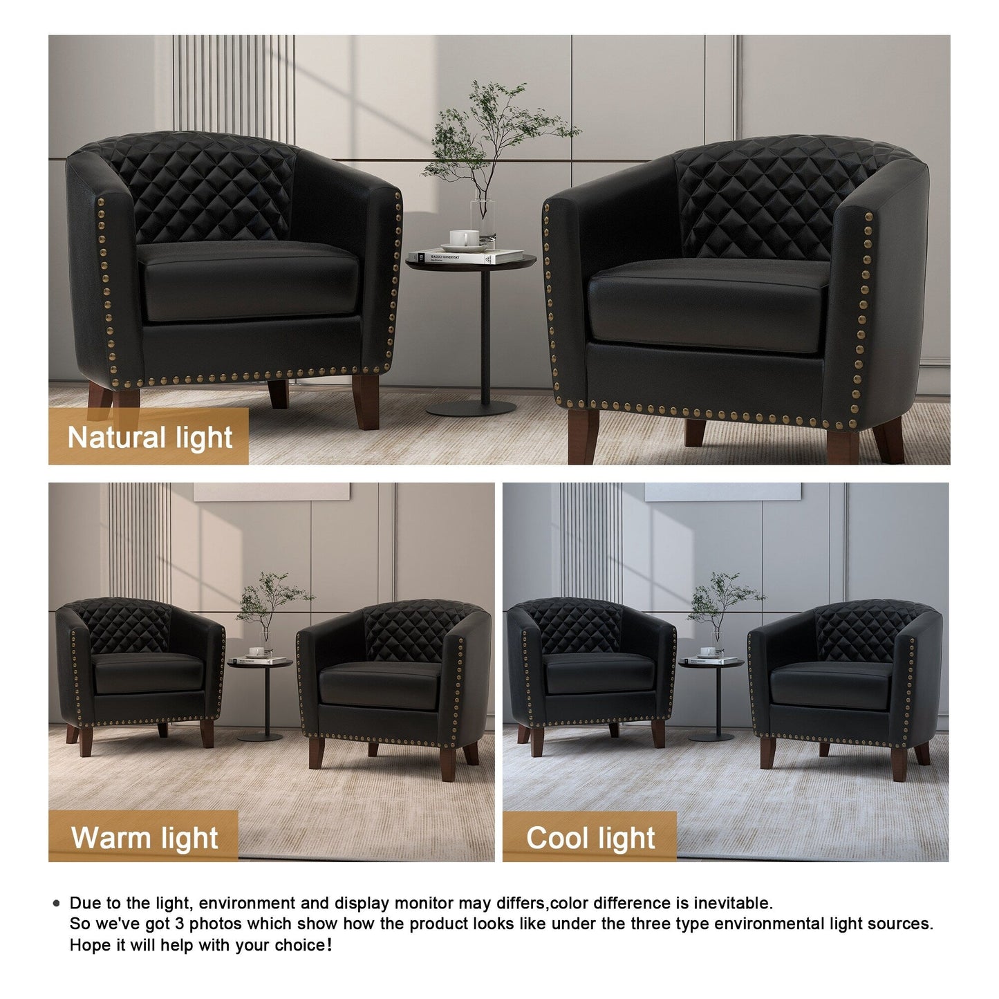 2 chaises d'appoint en cuir végétalien en forme de tonneau, 73,6 cm de large, avec garniture à clous.