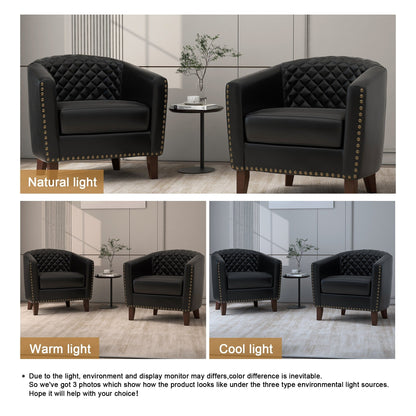 2 chaises d'appoint en cuir végétalien en forme de tonneau, 73,6 cm de large, avec garniture à clous.