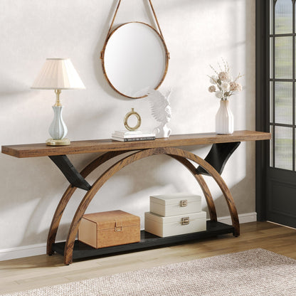 Table console de canapé étroite et longue à 2 niveaux avec cadre semi-circulaire pour entrée, tables d'appoint de couloir grises