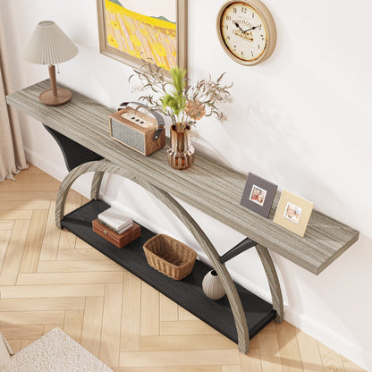 Table console de canapé étroite et longue à 2 niveaux avec cadre semi-circulaire pour entrée, tables d'appoint de couloir grises