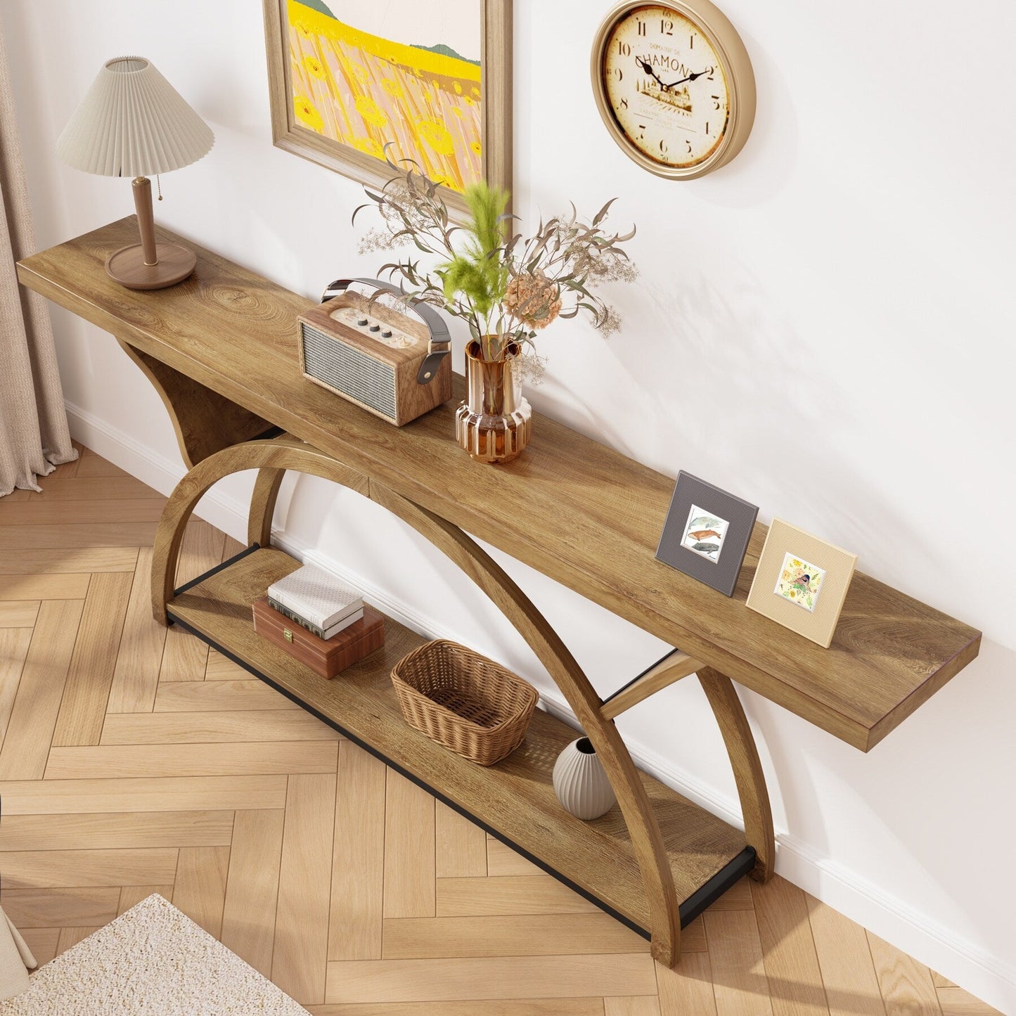 Table console de canapé étroite et longue à 2 niveaux avec cadre semi-circulaire pour entrée, tables d'appoint de couloir grises