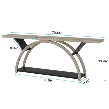 Table console de canapé étroite et longue à 2 niveaux avec cadre semi-circulaire pour entrée, tables d'appoint de couloir grises