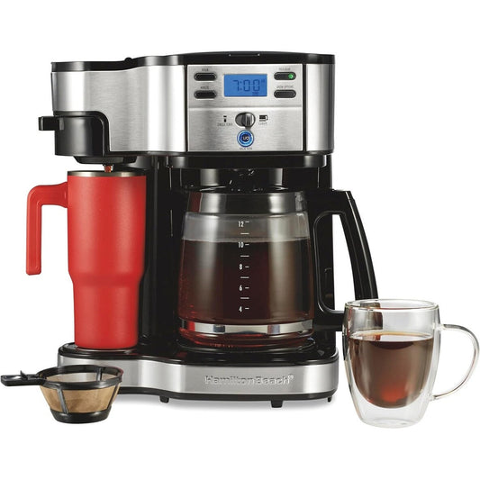 Machine à café 2 en 1, 12 tasses et portion individuelle, carafe en verre, pause et service automatiques, noir