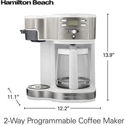 Machine à café 2 en 1, 12 tasses ou portion individuelle, carafe en verre, pause et service automatiques, blanc