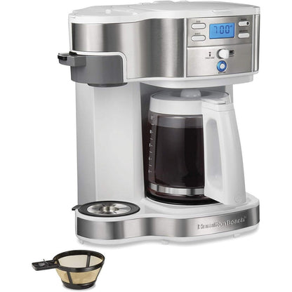 Machine à café 2 en 1, 12 tasses ou portion individuelle, carafe en verre, pause et service automatiques, blanc