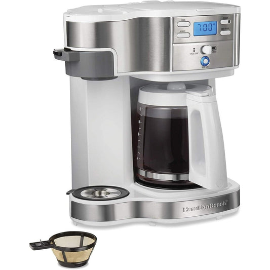 Machine à café 2 en 1, 12 tasses ou portion individuelle, carafe en verre, pause et service automatiques, blanc