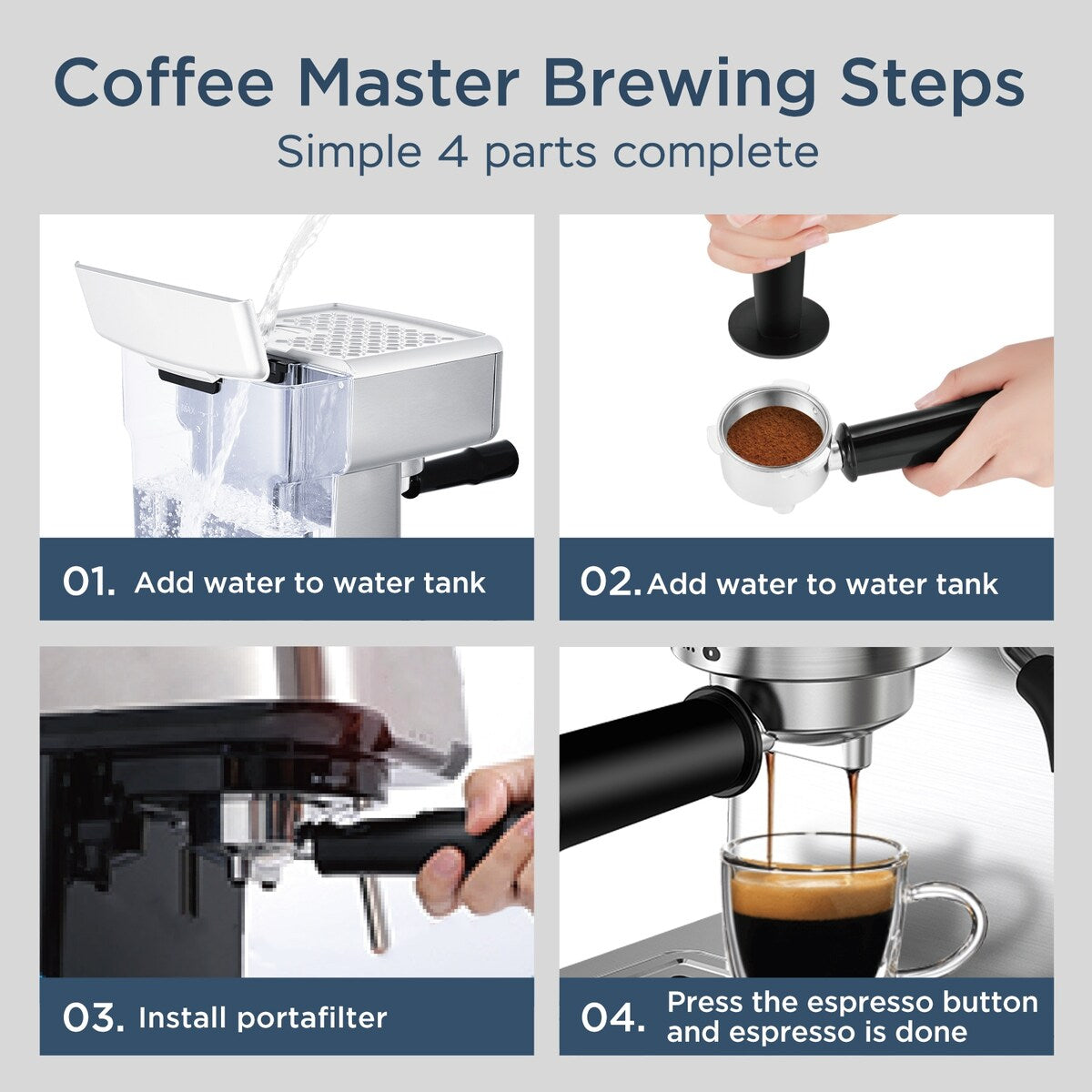 Machine à expresso semi-automatique en acier inoxydable argenté pour 20 tasses avec réservoir d'eau de 0,5 gallon.