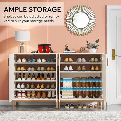 Meuble à chaussures pour 20 paires, meuble de rangement moderne de 95 cm avec portes, blanc et or.