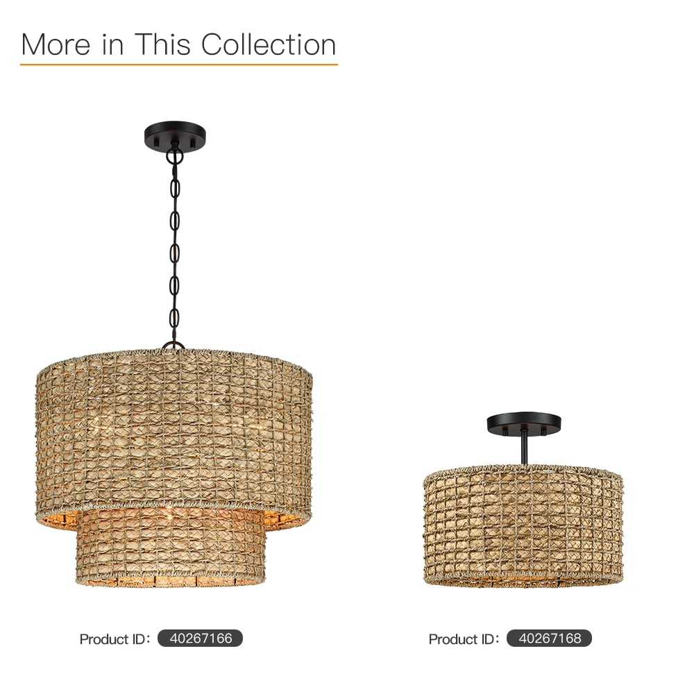 Suspension à 4 lumières en rotin naturel, style tambour traditionnel, avec auvent noir - Noir/terre - 50,8 cm (20 po) de largeur