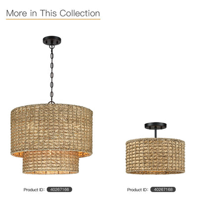 Suspension à 4 lumières en rotin naturel, style tambour traditionnel, avec auvent noir - Noir/terre - 50,8 cm (20 po) de largeur