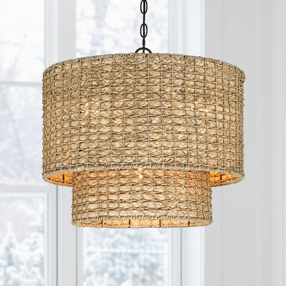 Suspension à 4 lumières en rotin naturel, style tambour traditionnel, avec auvent noir - Noir/terre - 50,8 cm (20 po) de largeur