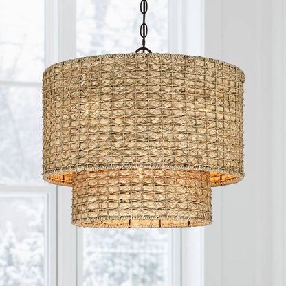 Suspension à 4 lumières en rotin naturel, style tambour traditionnel, avec auvent noir - Noir/terre - 50,8 cm (20 po) de largeur