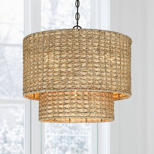 Suspension à 4 lumières en rotin naturel, style tambour traditionnel, avec auvent noir - Noir/terre - 50,8 cm (20 po) de largeur
