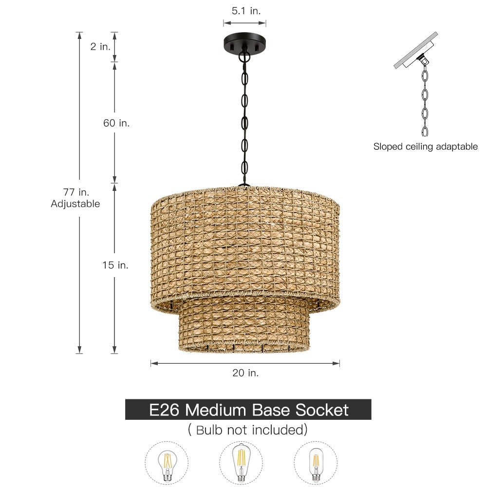 Suspension à 4 lumières en rotin naturel, style tambour traditionnel, avec auvent noir - Noir/terre - 50,8 cm (20 po) de largeur