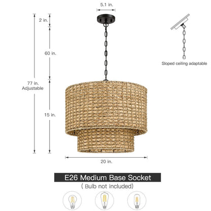 Suspension à 4 lumières en rotin naturel, style tambour traditionnel, avec auvent noir - Noir/terre - 50,8 cm (20 po) de largeur