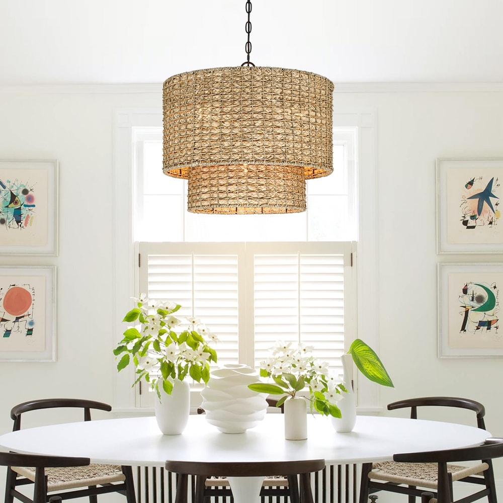 Suspension à 4 lumières en rotin naturel, style tambour traditionnel, avec auvent noir - Noir/terre - 50,8 cm (20 po) de largeur