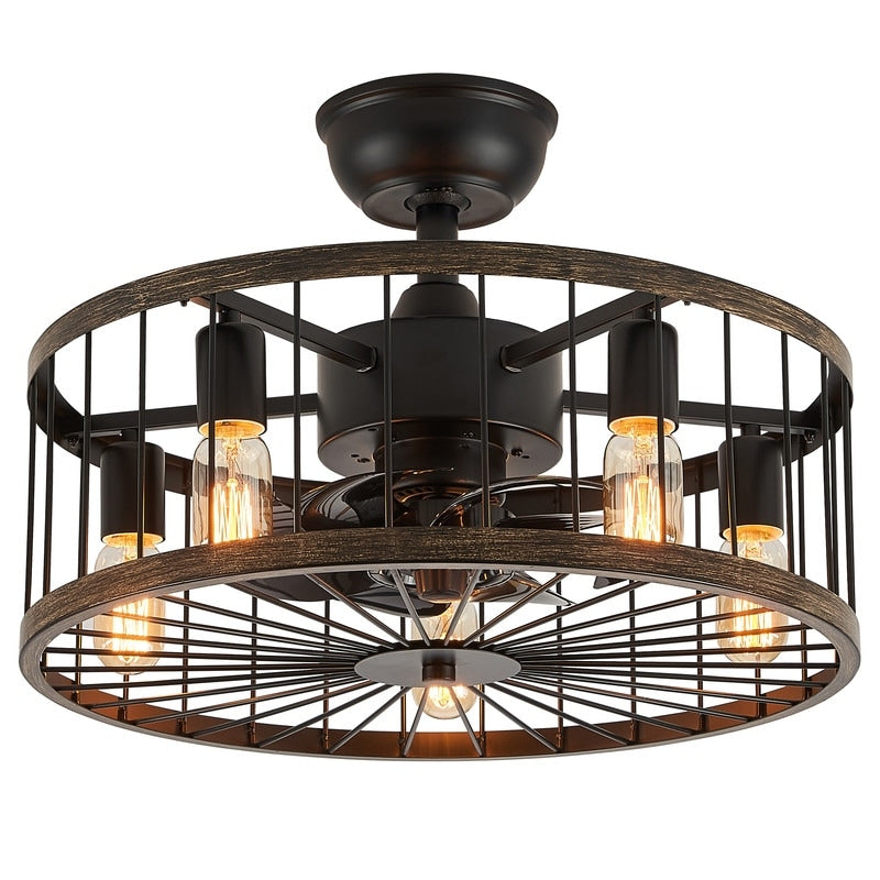 Ventilateur de plafond à faible encombrement de 20 pouces, style moderne et rustique, avec finition en bois, cage et éclairage, avec télécommande.