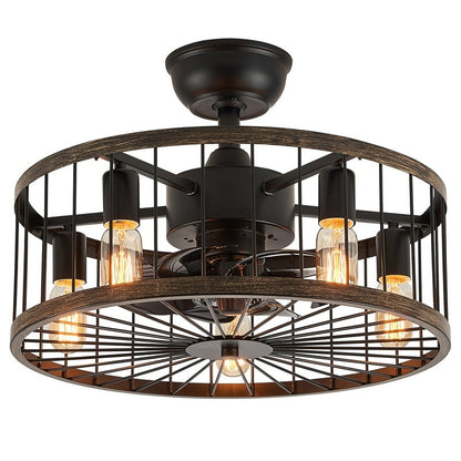Ventilateur de plafond à faible encombrement de 20 pouces, style moderne et rustique, avec finition en bois, cage et éclairage, avec télécommande.