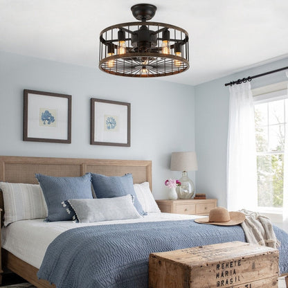 Ventilateur de plafond à faible encombrement de 20 pouces, style moderne et rustique, avec finition en bois, cage et éclairage, avec télécommande.