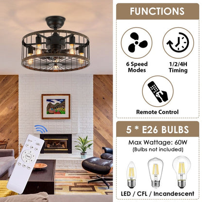 Ventilateur de plafond à faible encombrement de 20 pouces, style moderne et rustique, avec finition en bois, cage et éclairage, avec télécommande.