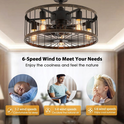 Ventilateur de plafond à faible encombrement de 20 pouces, style moderne et rustique, avec finition en bois, cage et éclairage, avec télécommande.