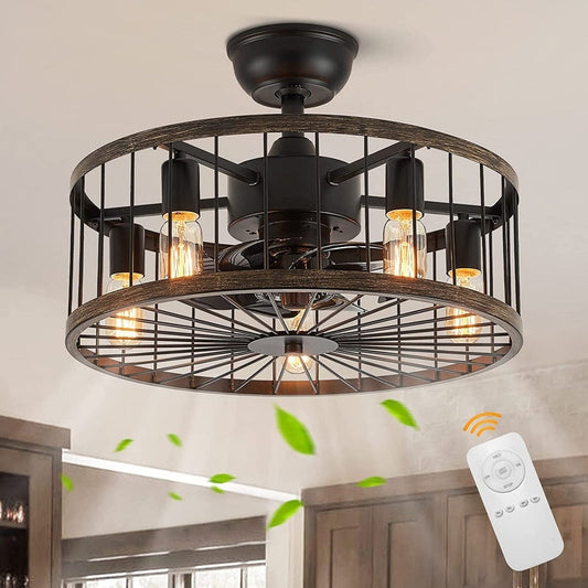 Ventilateur de plafond à faible encombrement de 20 pouces, style moderne et rustique, avec finition en bois, cage et éclairage, avec télécommande.