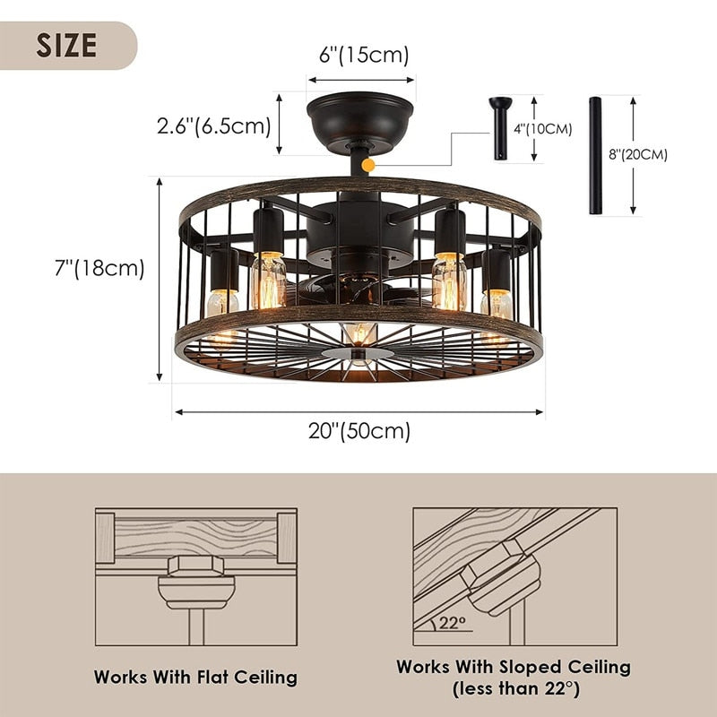 Ventilateur de plafond à faible encombrement de 20 pouces, style moderne et rustique, avec finition en bois, cage et éclairage, avec télécommande.