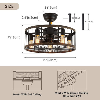 Ventilateur de plafond à faible encombrement de 20 pouces, style moderne et rustique, avec finition en bois, cage et éclairage, avec télécommande.