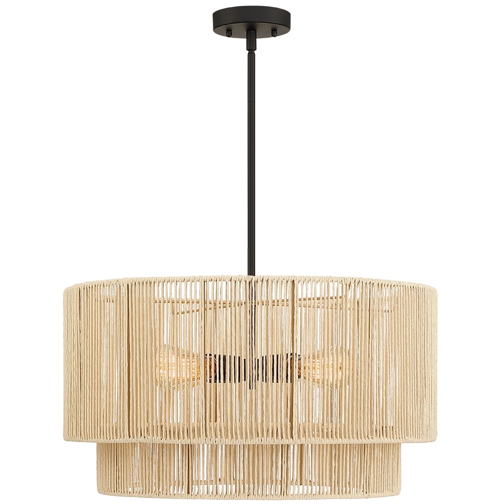 Luminaire suspendu à 4 lumières en rotin à plusieurs niveaux, avec abat-jour noir - 56 cm de largeur