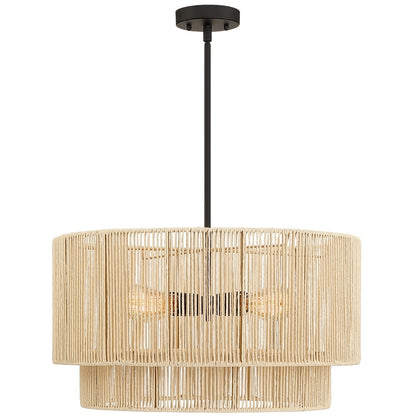 Luminaire suspendu à 4 lumières en rotin à plusieurs niveaux, avec abat-jour noir - 56 cm de largeur