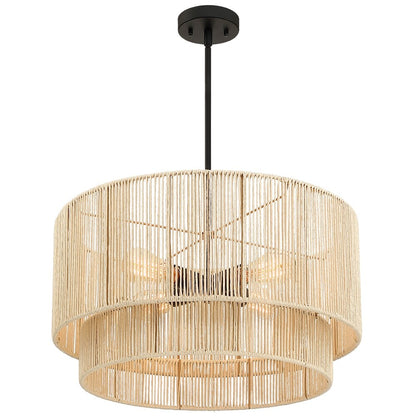 Luminaire suspendu à 4 lumières en rotin à plusieurs niveaux, avec abat-jour noir - 56 cm de largeur