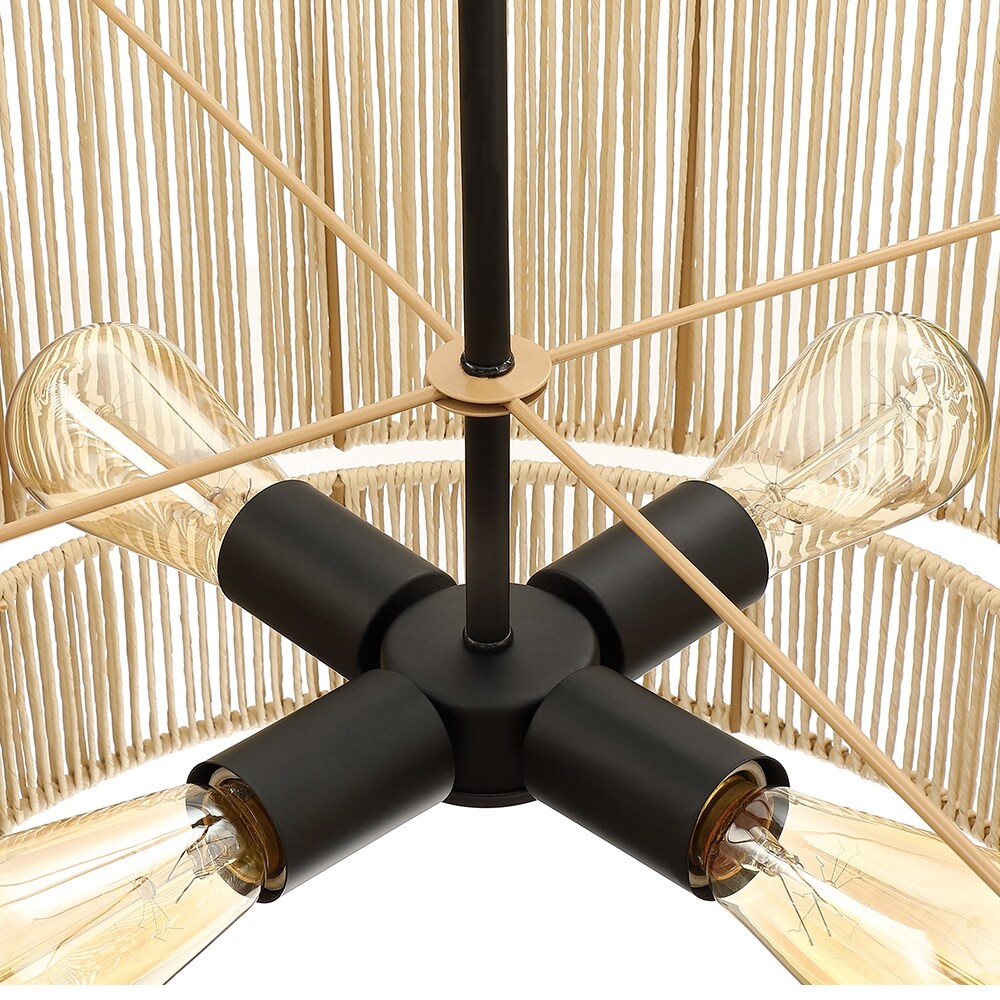 Luminaire suspendu à 4 lumières en rotin à plusieurs niveaux, avec abat-jour noir - 56 cm de largeur
