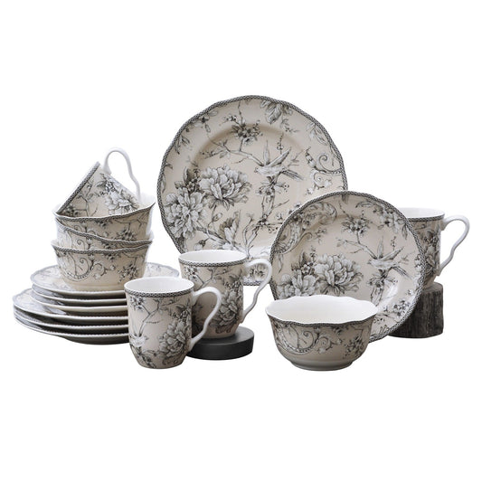 Service de table en porcelaine 222 Fifth Adelaide, 16 pièces, avec assiettes rondes, bols et tasses, blanc antique.