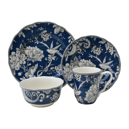 Service de table en porcelaine 222 Fifth Adelaide, 16 pièces, avec assiettes rondes, bols et tasses, bleu foncé