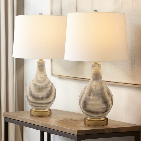 Lampe de table de style farmhouse 24,5 pouces, couleur beige lavé/doré, avec abat-jour en lin blanc (lot de 2) - 24,5 H