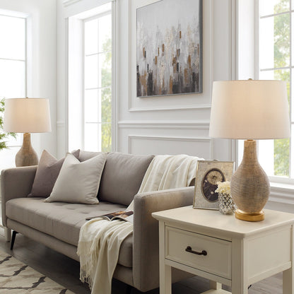Lampe de table de style farmhouse 24,5 pouces, couleur beige lavé/doré, avec abat-jour en lin blanc (lot de 2) - 24,5 H