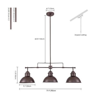 Suspension à 3 lumières style industriel et champêtre, forme de dôme, en métal, pour îlot de cuisine, finition bronze huilé.