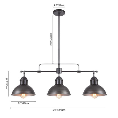 Suspension à 3 lumières style industriel et champêtre, forme de dôme, en métal, pour îlot de cuisine, finition bronze huilé.