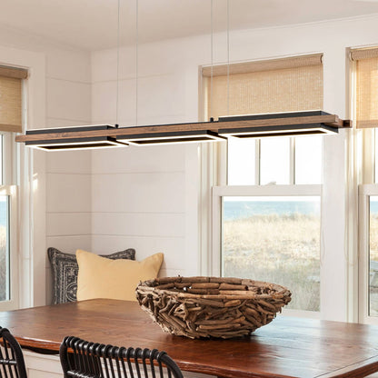 Suspension à LED intégrée en bois, linéaire, à 3 ou 5 lumières, pour îlot de cuisine.