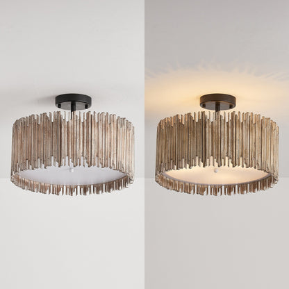 Suspension à 3 lumières en bois blanc vieilli, style tambour, à fixer au plafond.