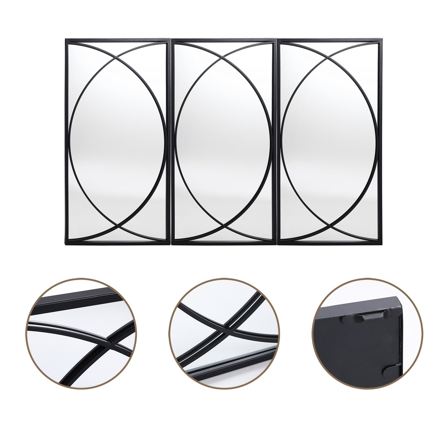 Ensemble de 3 miroirs muraux rectangulaires en métal noir - 80,6 H x 40 L x 1,9 l (cm)